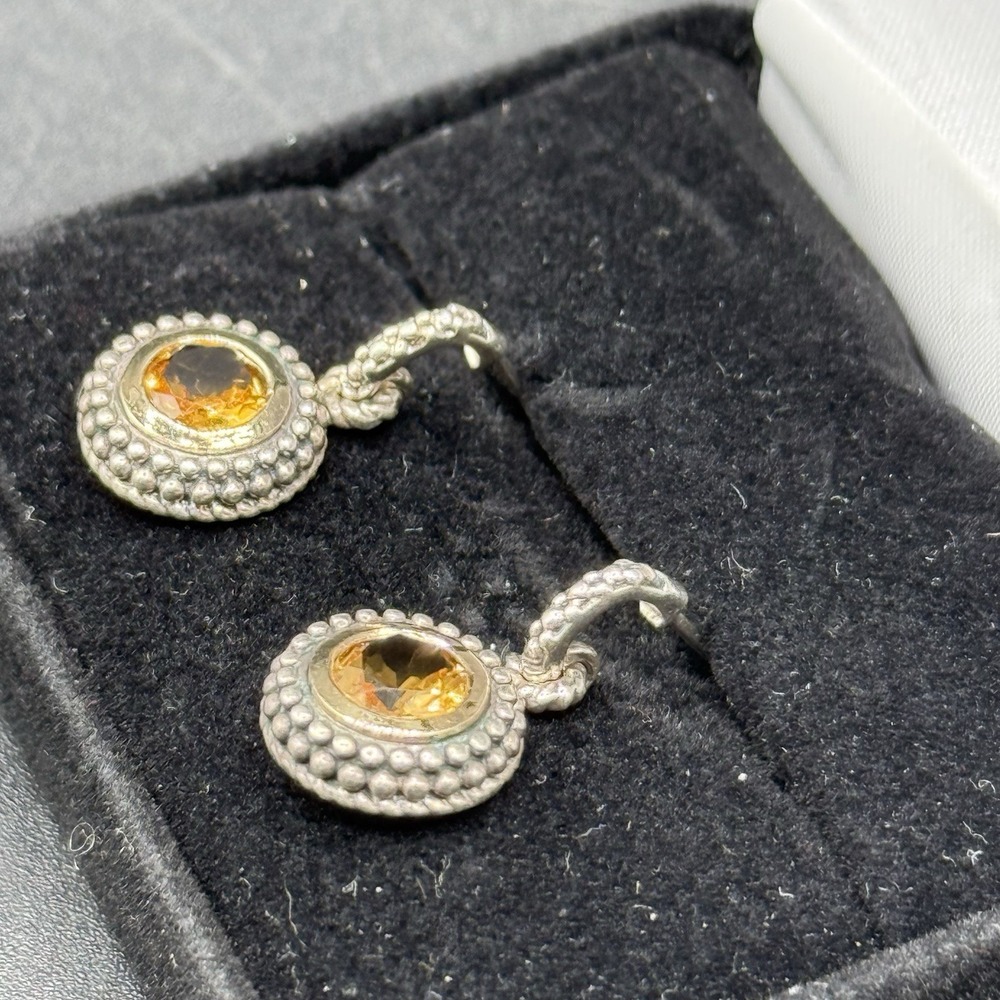 ATR 14K Gold 925 Sterling Silver Citrine Dangle Drop Earrings Caviar Beaded VTG - Picture 4 of 14